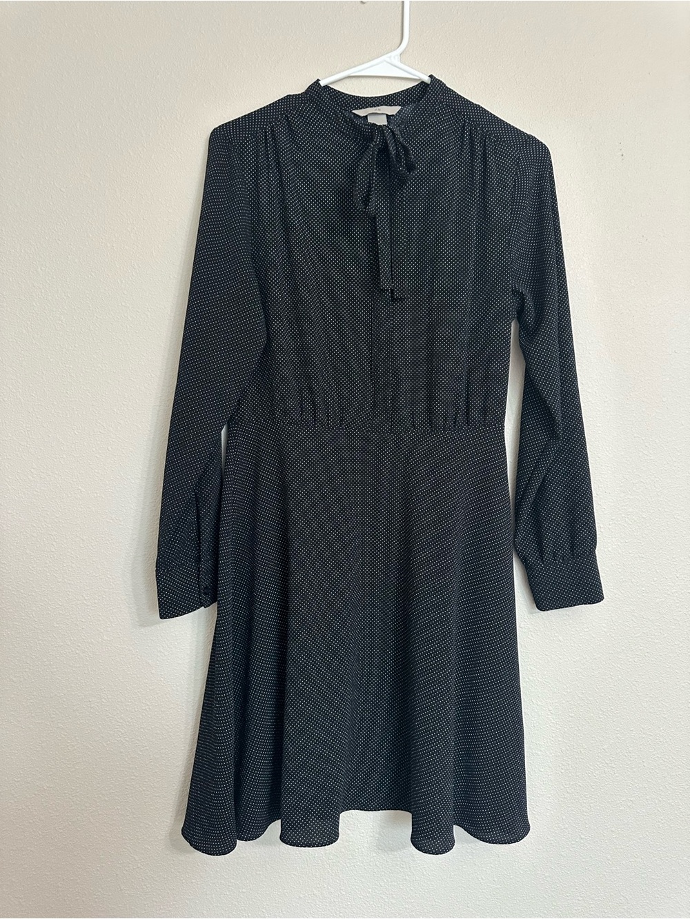 H&M Black Dress with White Microdot Tie-Neck Long Sleeves